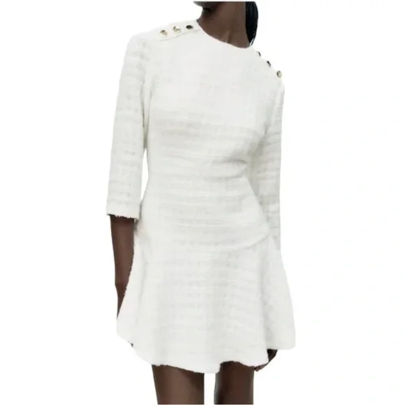 ZARA White Boucle Tweed Peplum Side Gold Button Structured Mini Dress Sz S NWOT - Picture 4 of 14